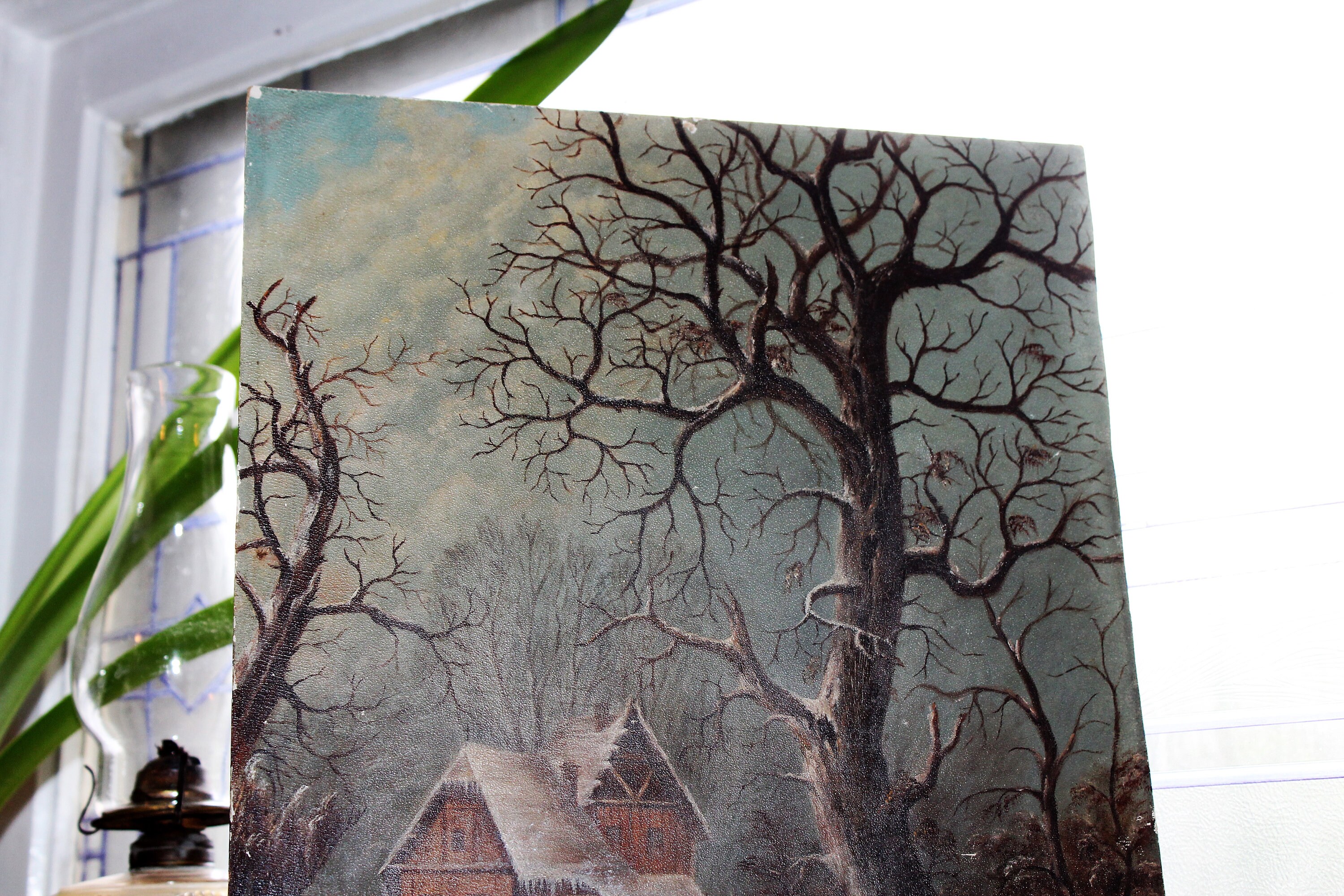 Antique Folk Art Oil Painting On Board Winter Cabin Country Scene