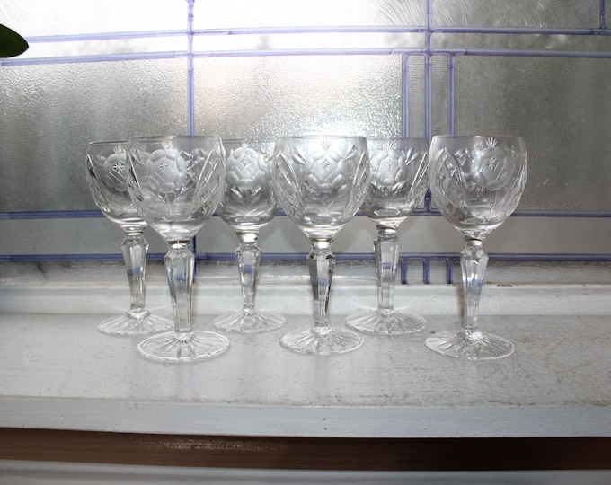 6 Vintage Elegant Cut Crystal Small Wine Glasses