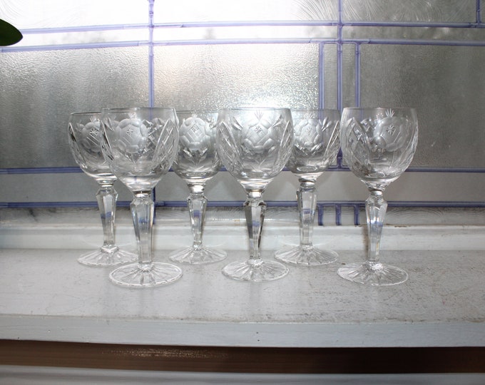 6 Vintage Elegant Cut Crystal Small Wine Glasses