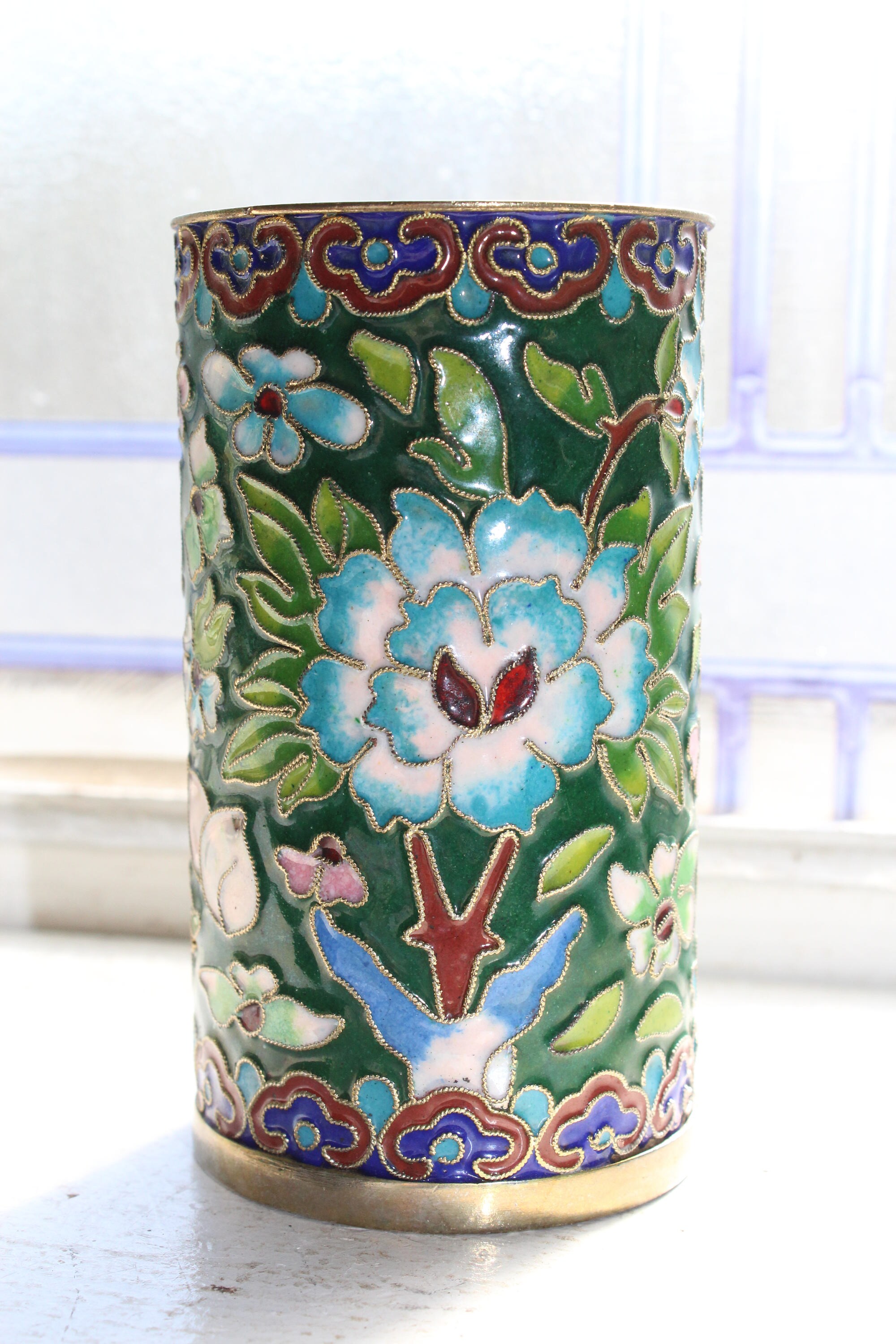Vintage Chinese Cloisonne Cylinder Vase Asian Decor