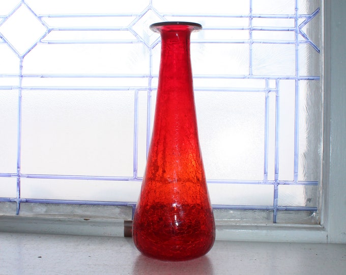 Vintage Mid Century Modern Red Crackle Glass Vase Decanter by Pilgrim