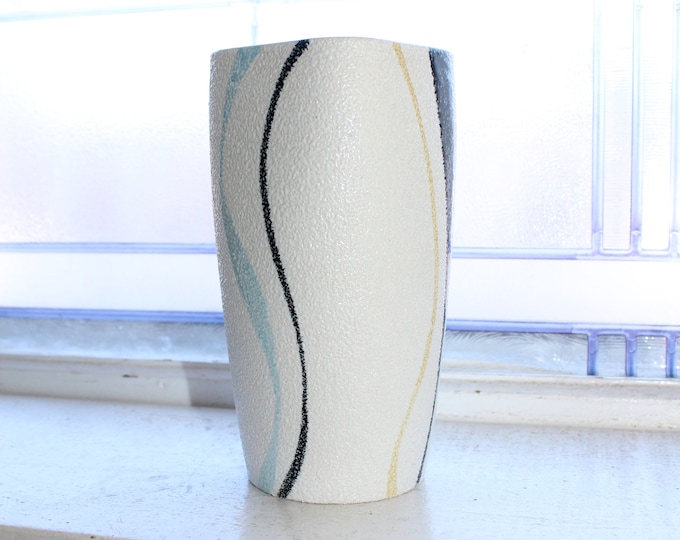 Mid Century Pottery Vase White Turquoise Black and Gold