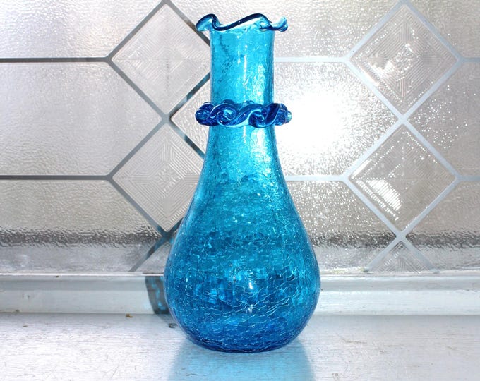 Vintage Rainbow Glass Blue Crackle Vase Mid Century Modern