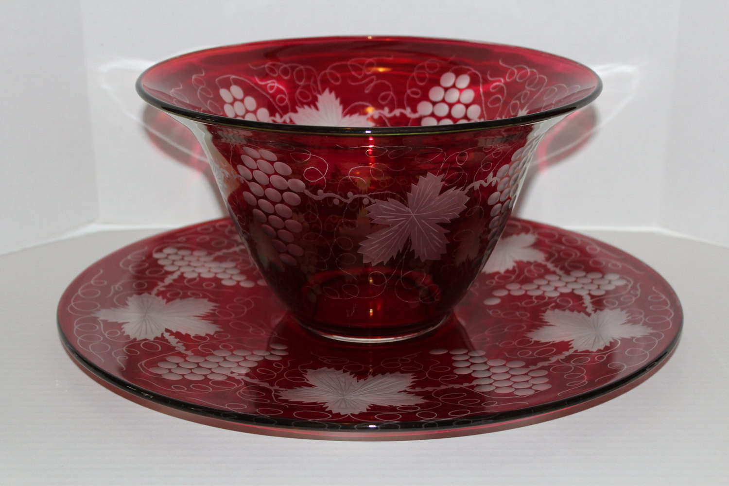 Bohemian Glass Punch Bowl and Underplate Ruby Red Flash with Grapes