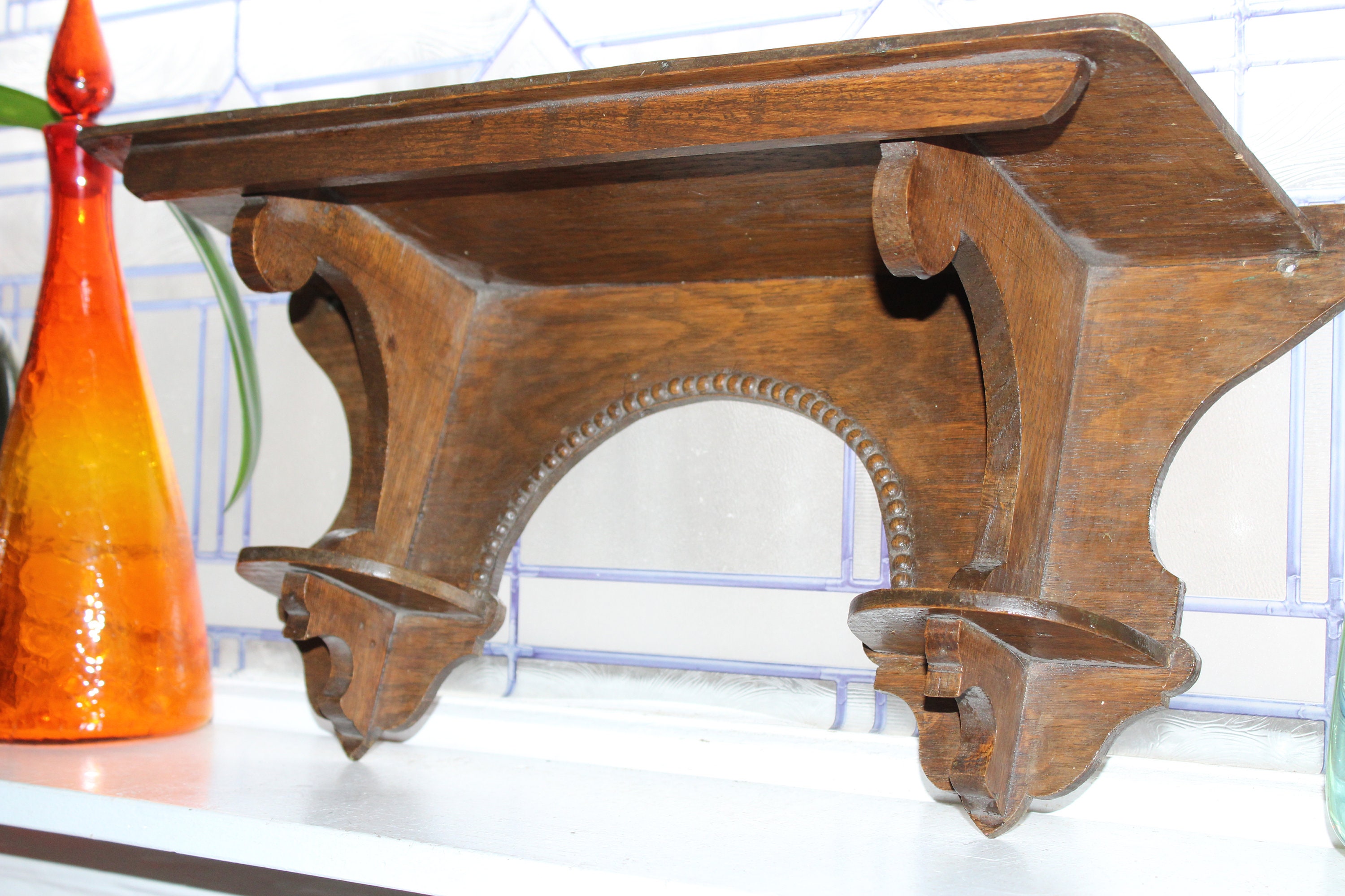 Antique Wood Clock Shelf with Decorative Trim