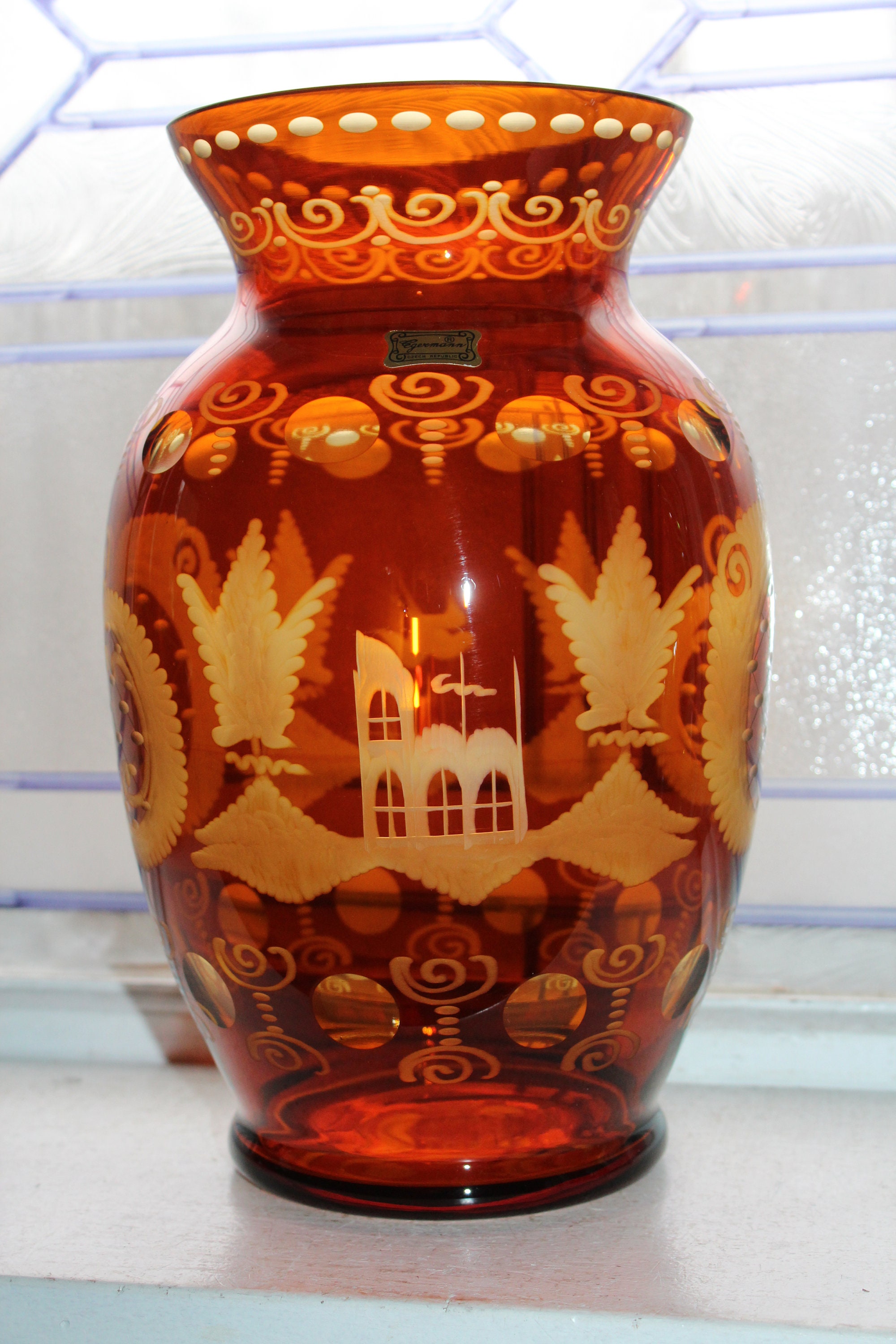 Large Vintage Amber Cut To Clear Bohemain Glass Vase Egermann Czech