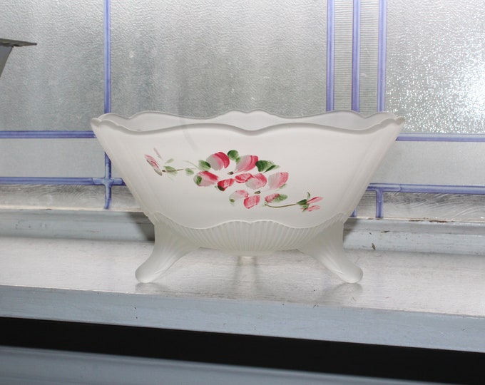 Vintage Ribbed Satin Glass Tri Footed Bowl with Hand Painted Flowers