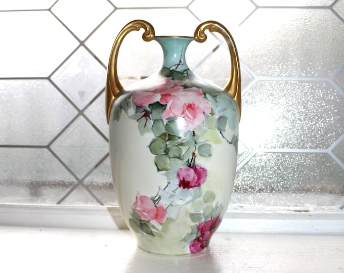 Antique Jean Pouyat Limoges Muscle Vase 566 Double Handles Roses