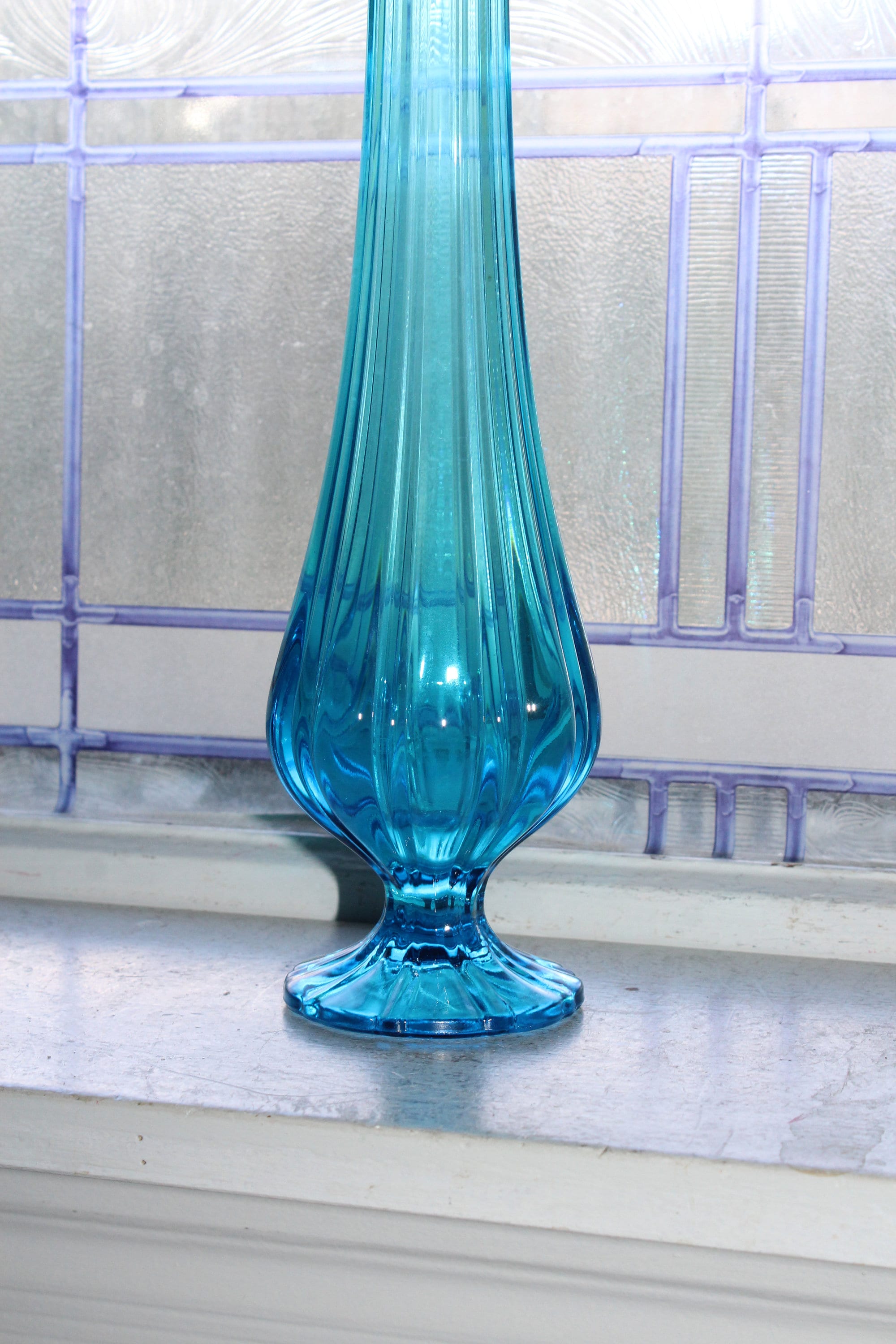 Large Blue Swung Glass Vase 15.25 Vintage Mid Century Modern
