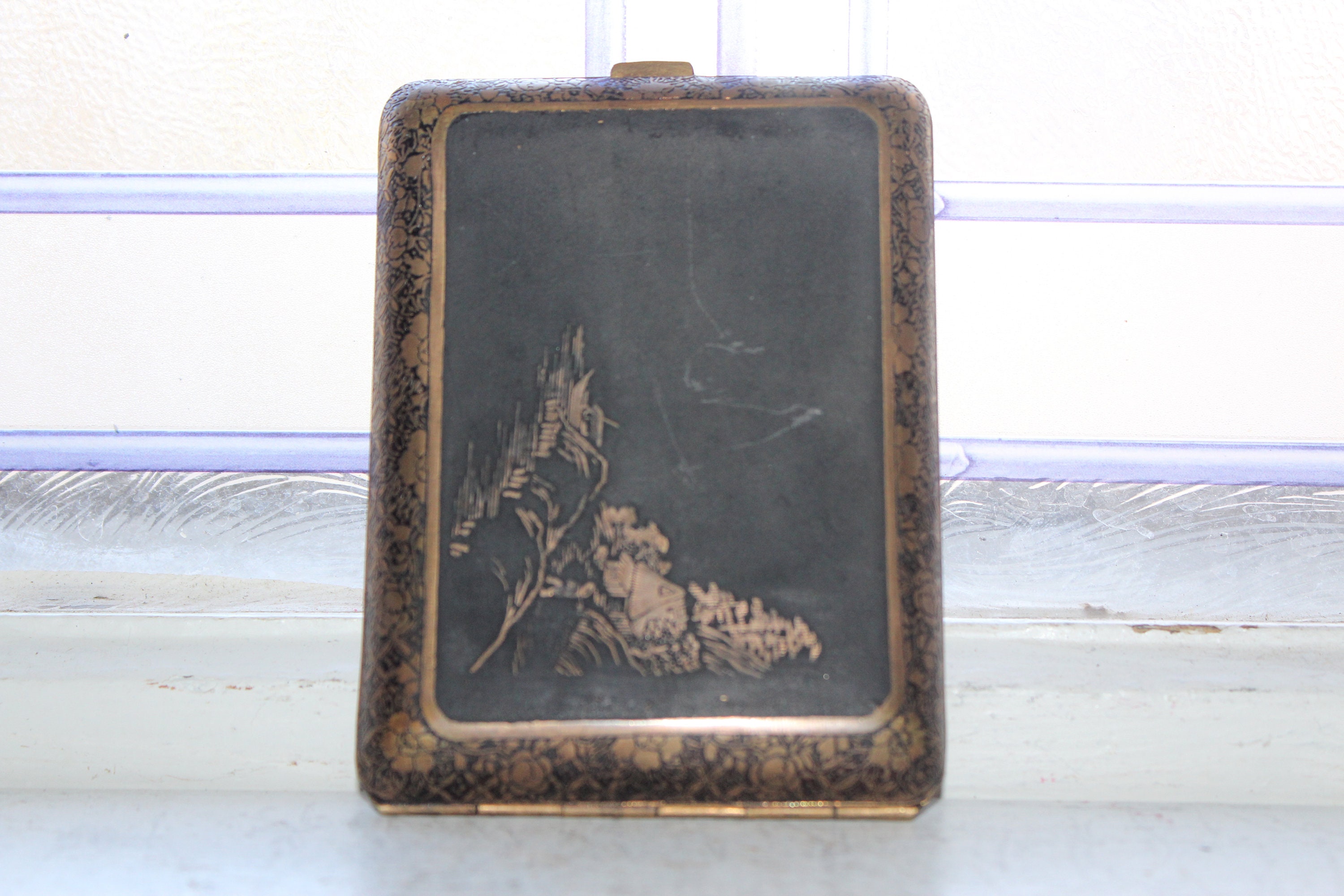 Vintage Damascene Japanese Cigarette Case Mt Fuji Scene