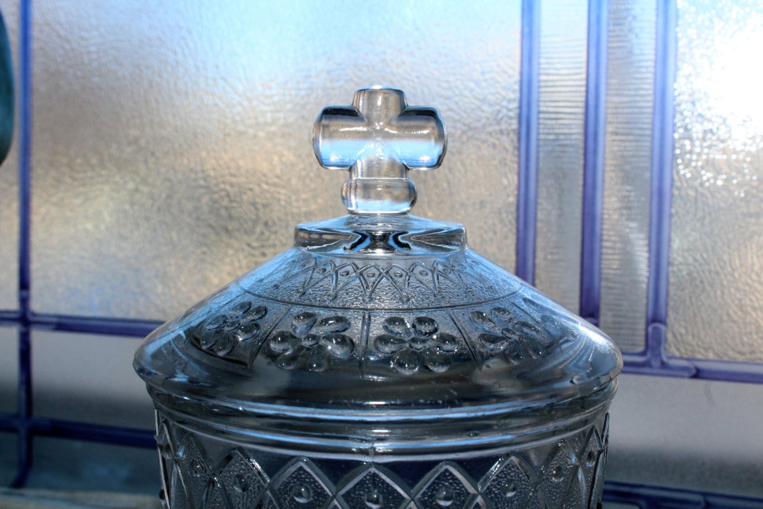 EAPG Glass Covered Jar Cross Finial Antique 1800s Dish