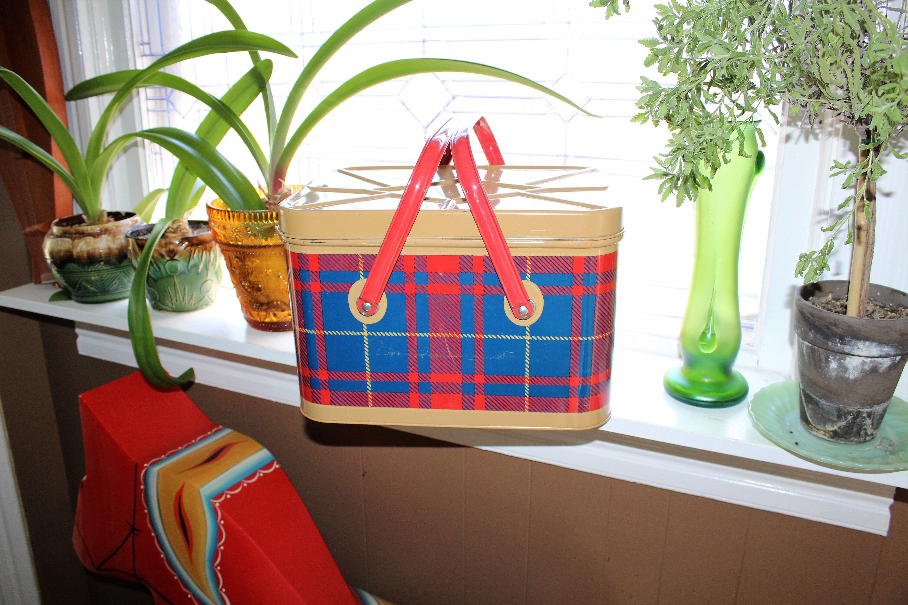Mid Century Plaid Tin Picnic Basket Vintage 1950s