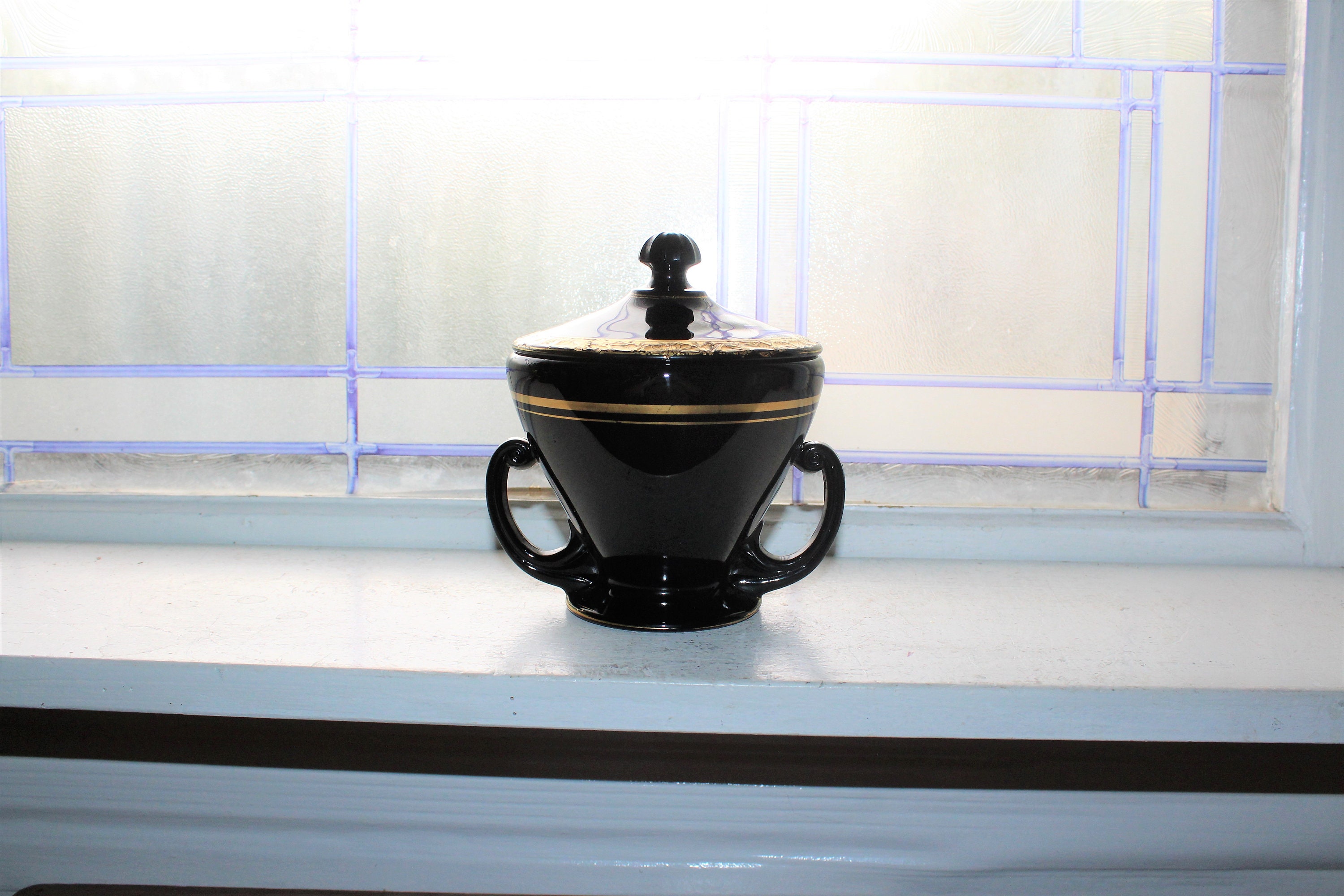 Vintage Fostoria Glass Ebony Black & Gold Covered Candy Dish with Handles