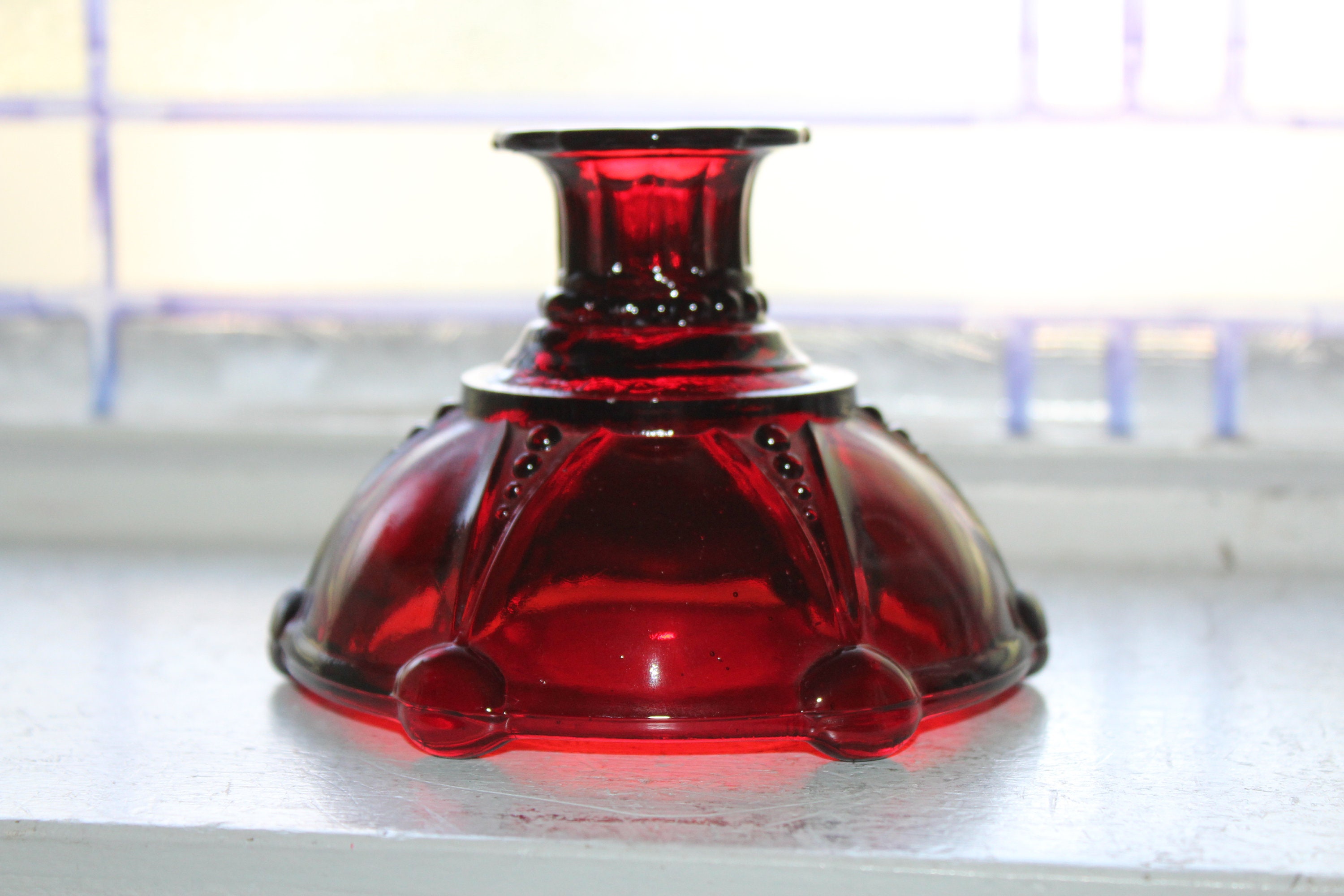 Oyster and Pearl Glass Candle Holder Ruby Red Vintage 1930s