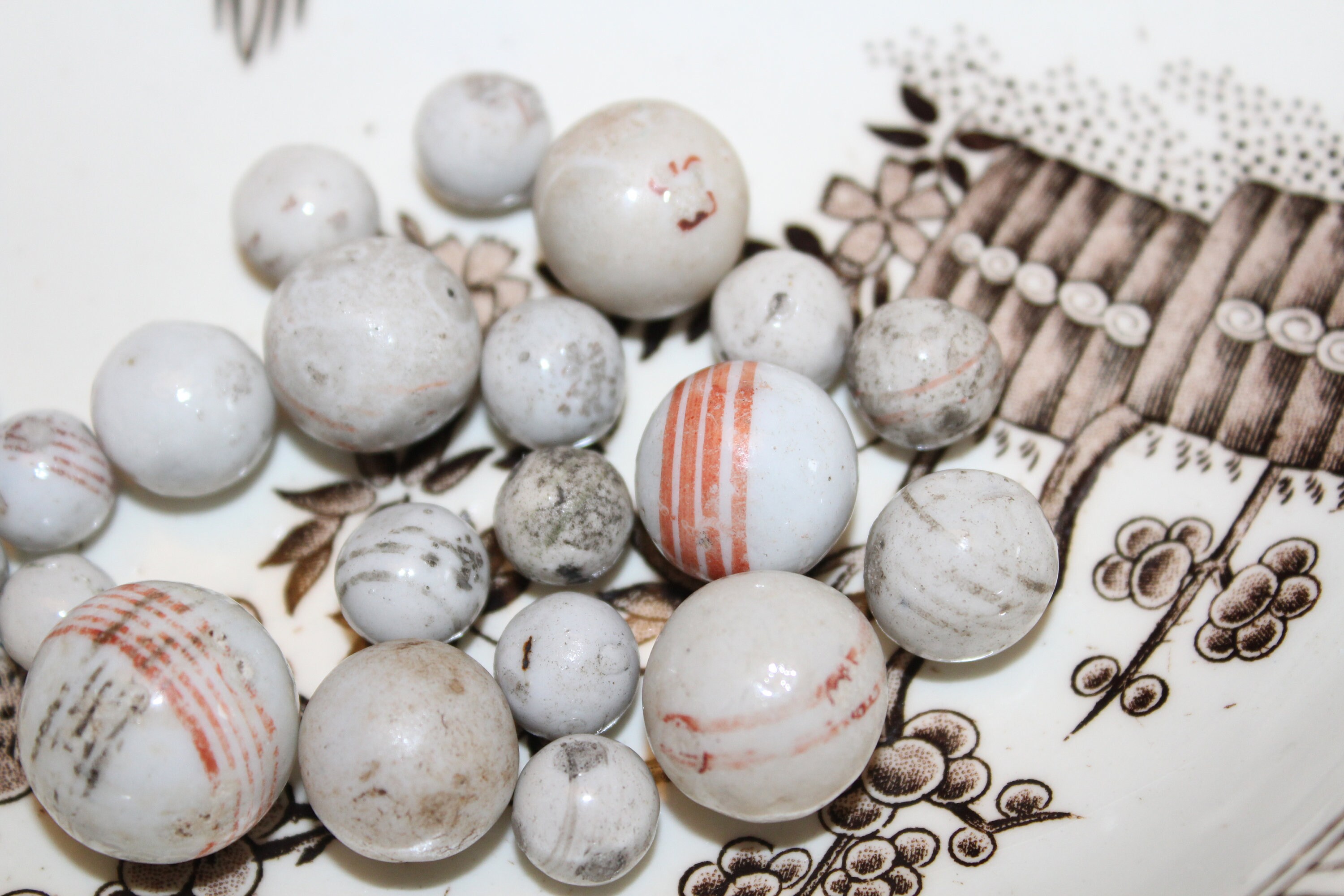 21 Antique China Marbles Hand Made Hand Painted Circa 1800s