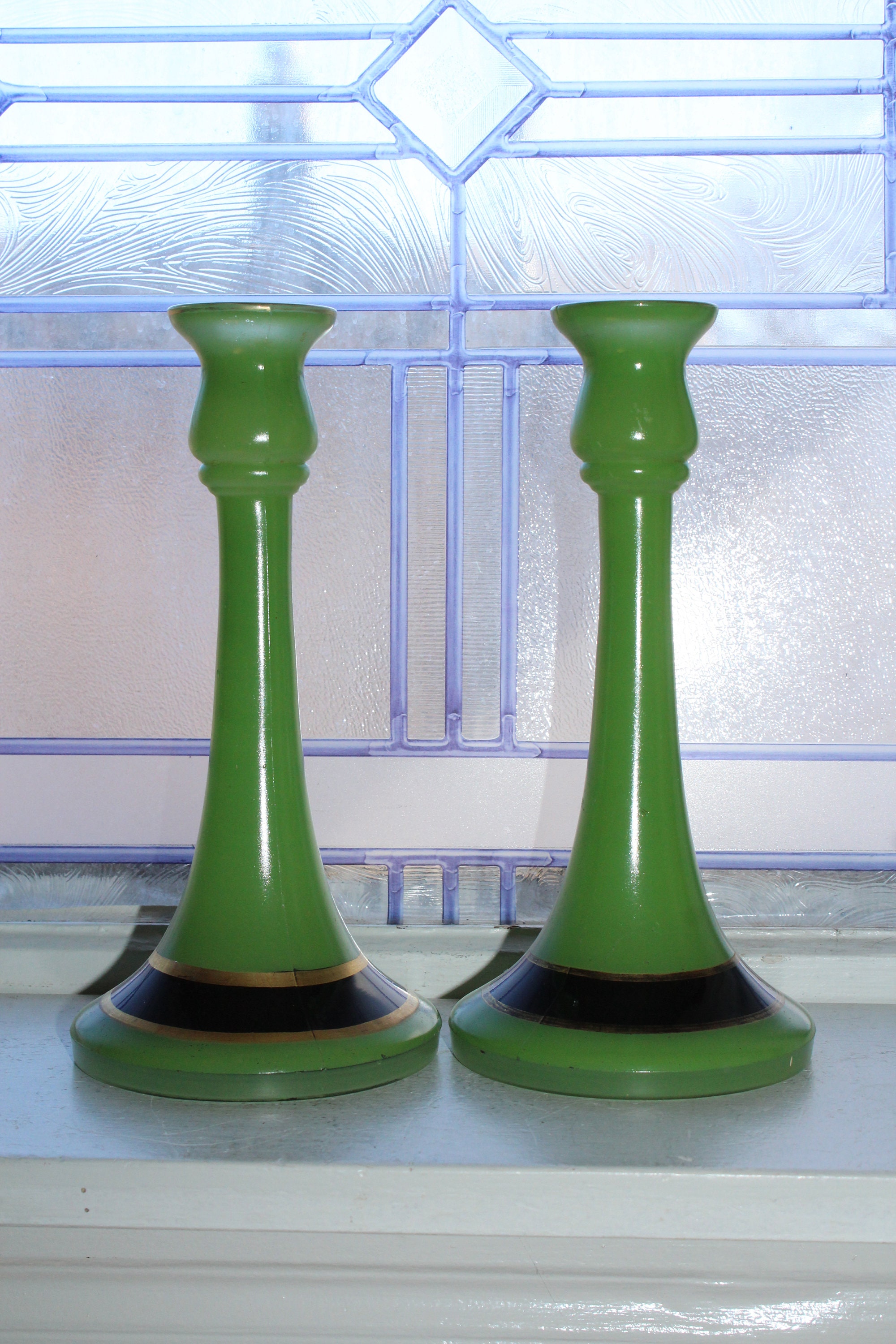Art Deco Glass Candlesticks Pair Green and Black Vintage 1920s