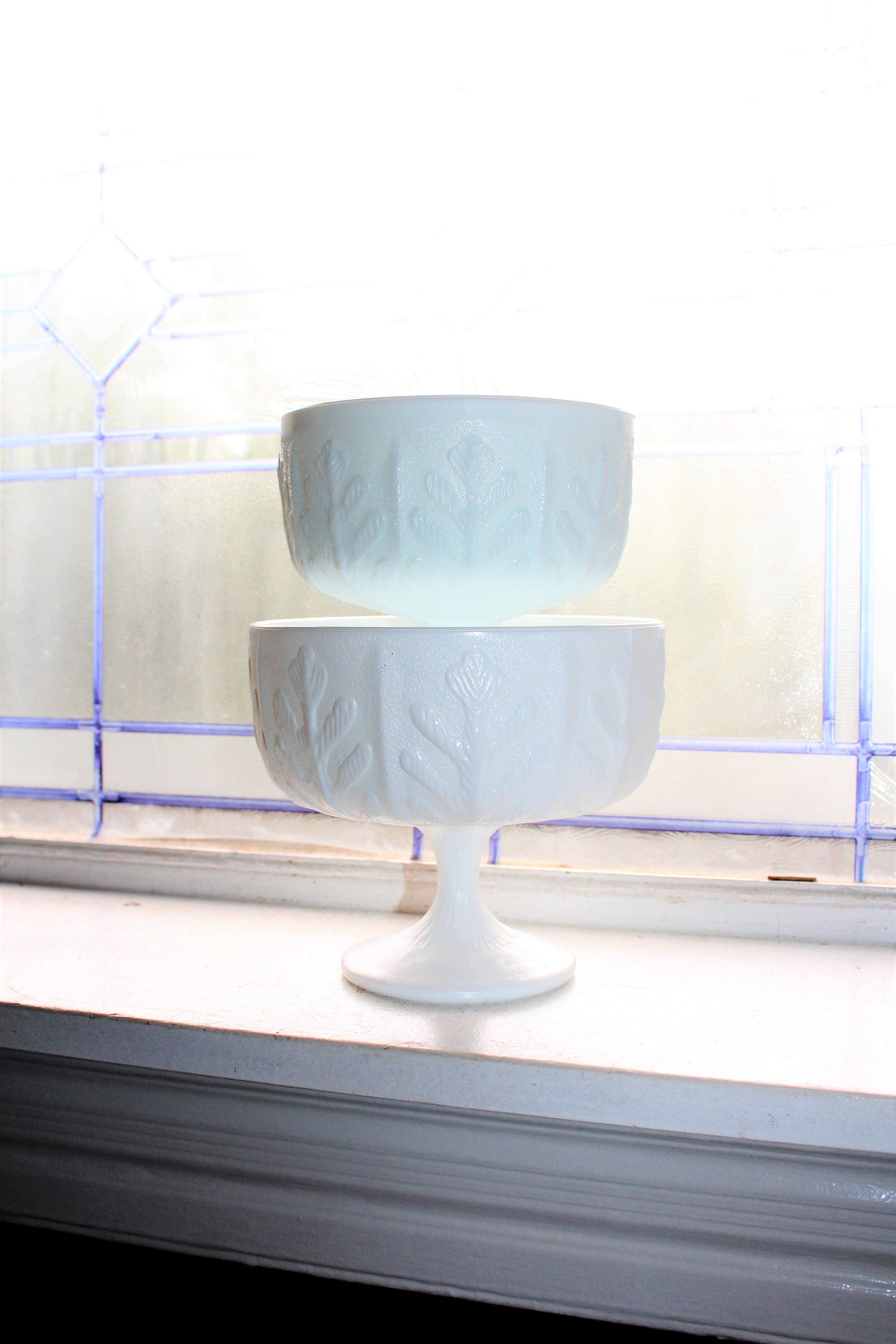 Pair of Milk Glass Compotes Vintage Pedestal Dishes Planters
