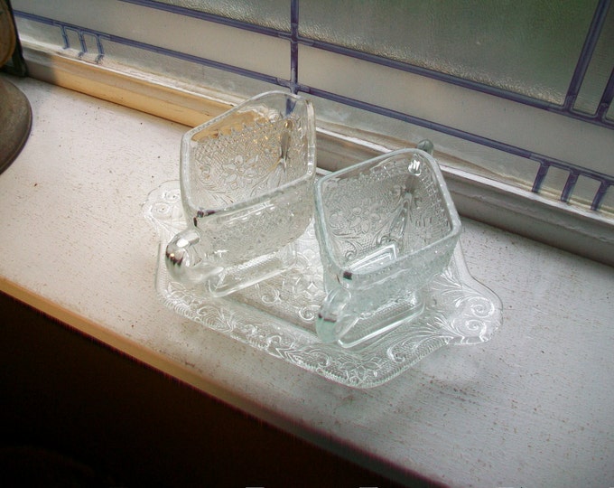 Sandwich Pattern Creamer Sugar Tray Set Vintage 1950s Indiana Glass Depression Glass