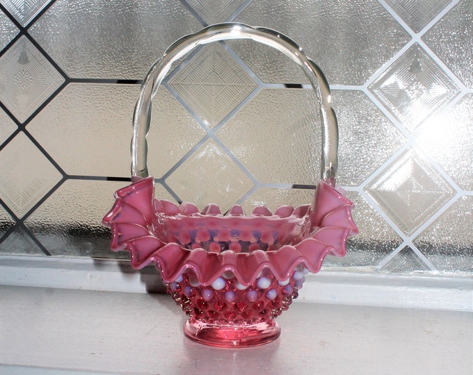 Cranberry Opalescent Hobnail Basket Vintage Pink Brides Basket