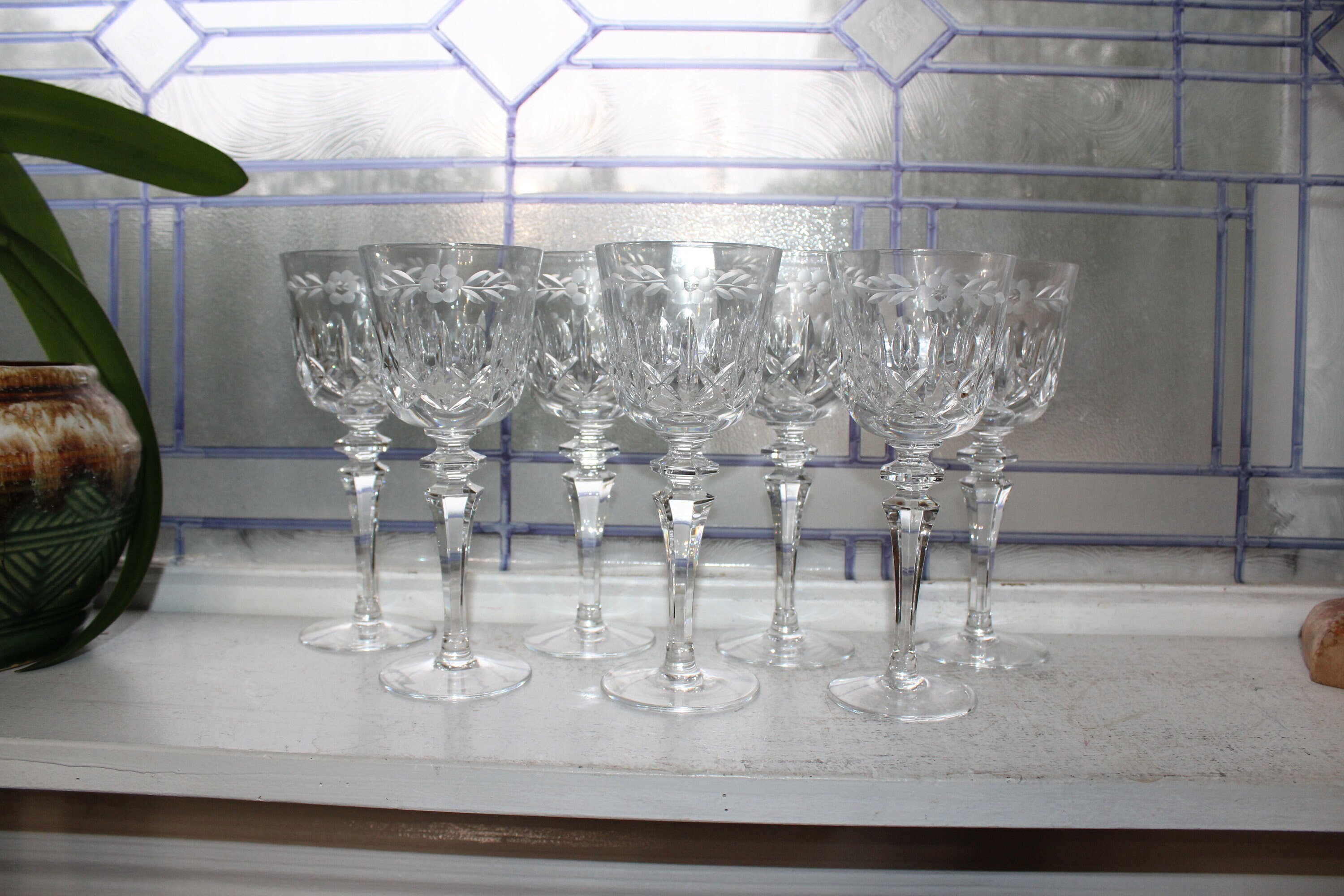 7 Vintage Elegant Cut Crystal Wine Glasses