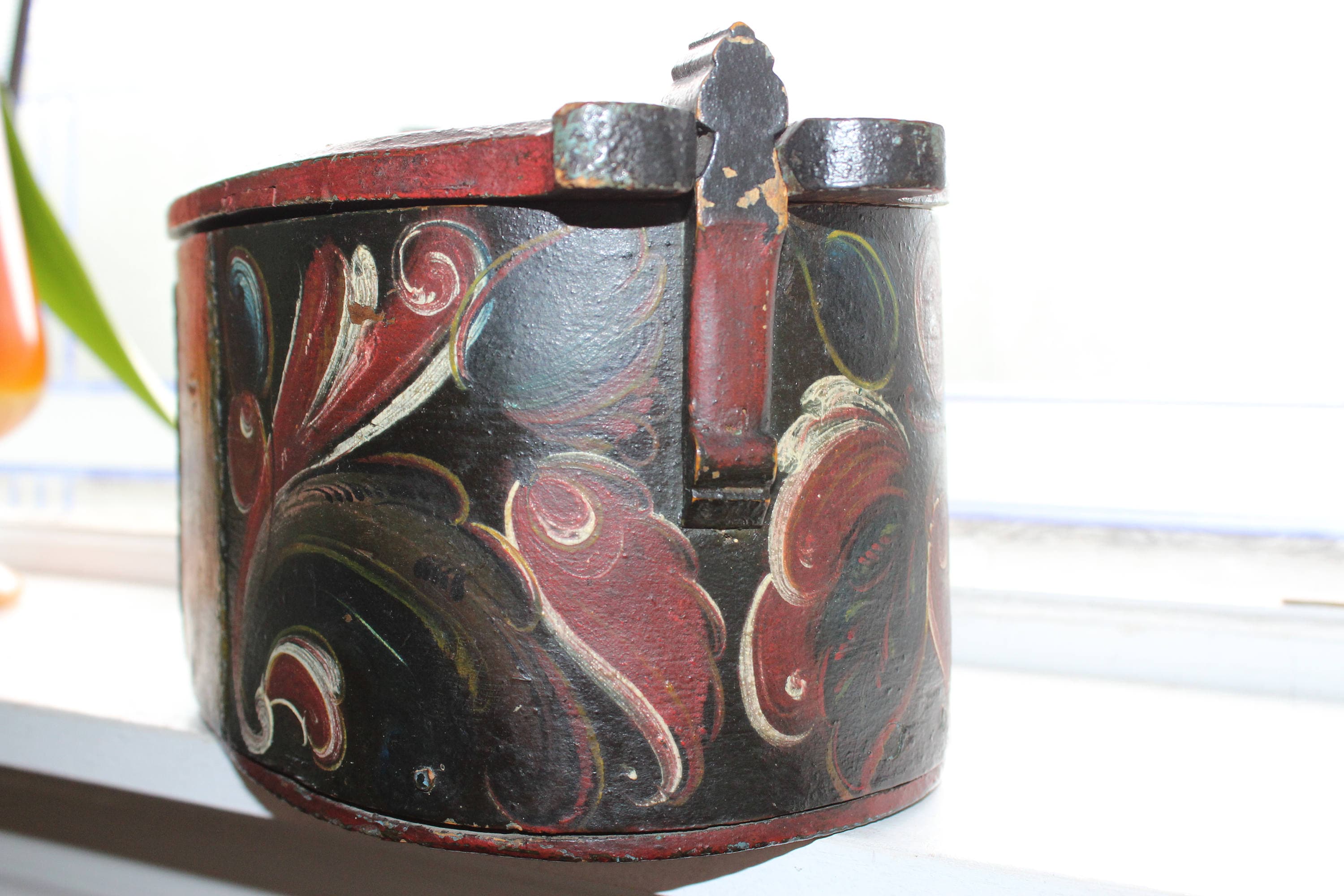 Large Norwegian Tine Box Dated 1867 Rosemaled Bentwood Antique Scandinavian