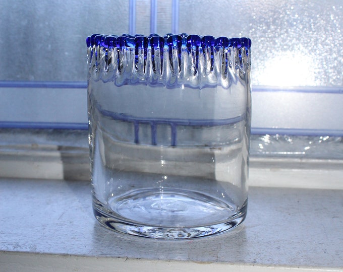 Blenko Glass Clear Vase with Blue Crimped Rim