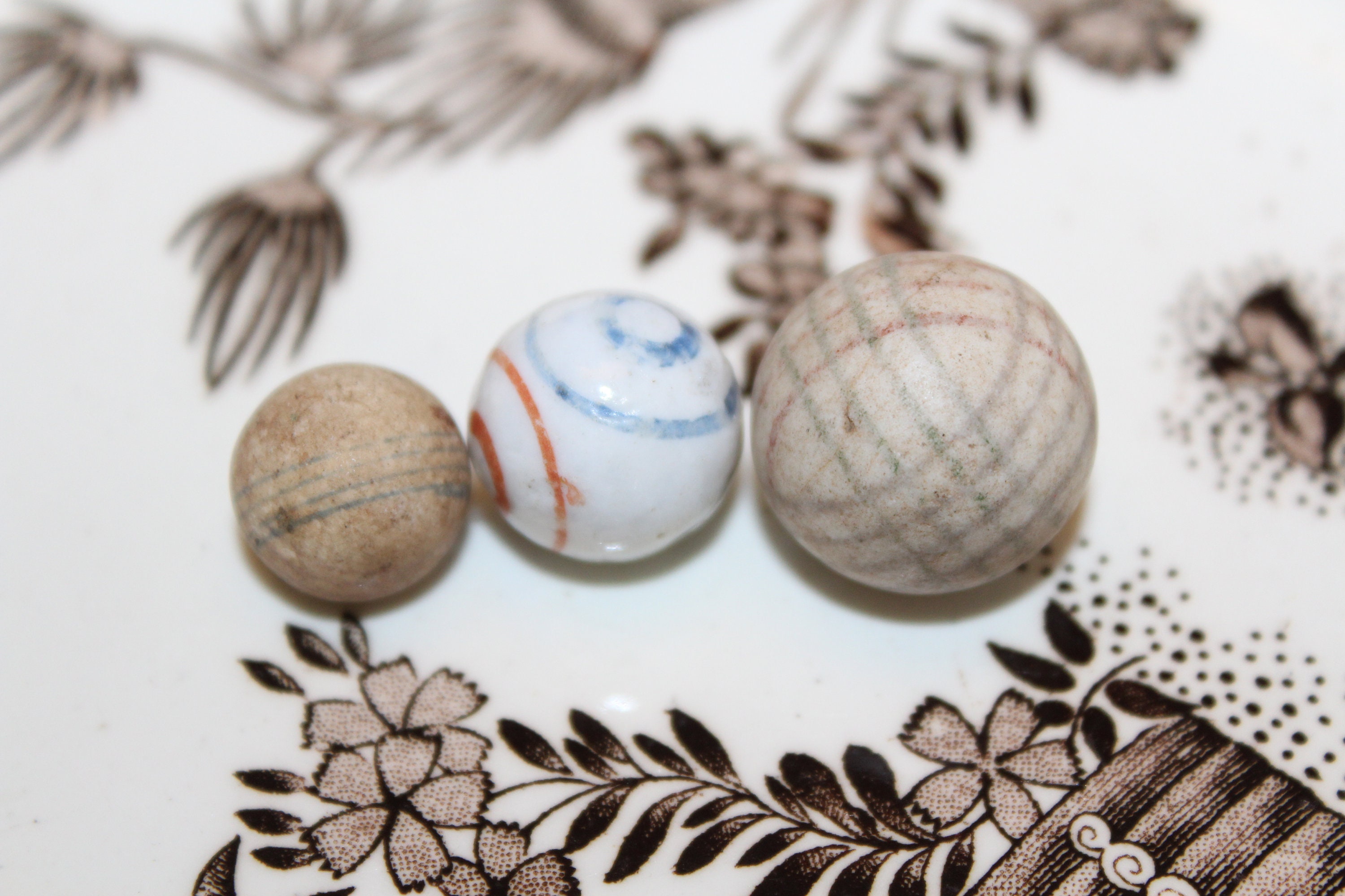 3 Antique China & Clay Marbles Hand Made Hand Painted Circa 1800s