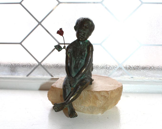 Vintage Bronze Statue Girl Holding Rose by Tassy Taylor Williams