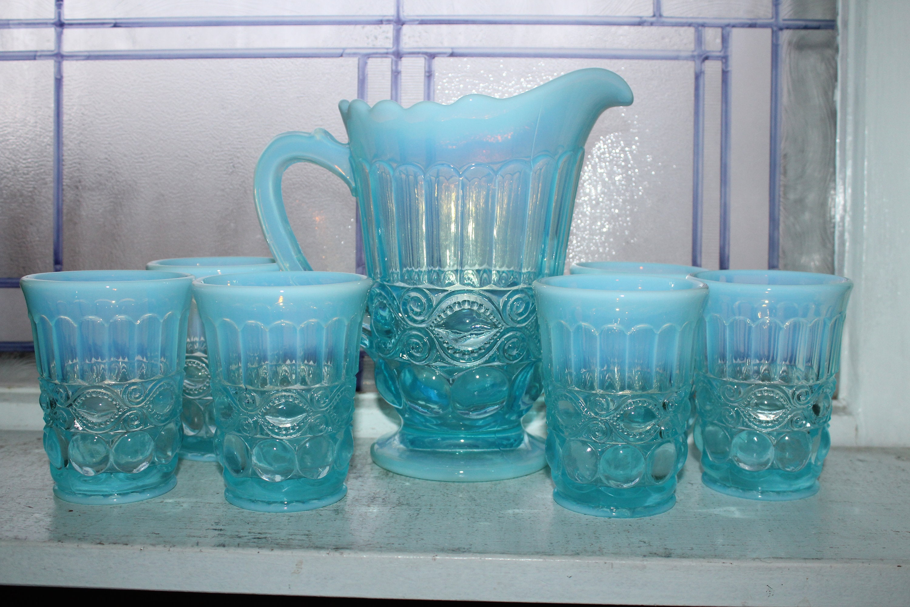 Vintage Blue Opalescent Glass Pitcher & 6 Tumblers Mosser Eyewinker