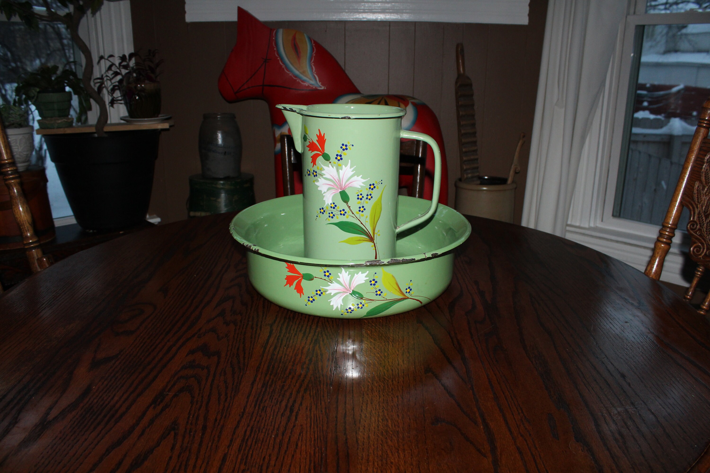 Antique Pitcher & Bowl Green Enamelware with Flower Decoration