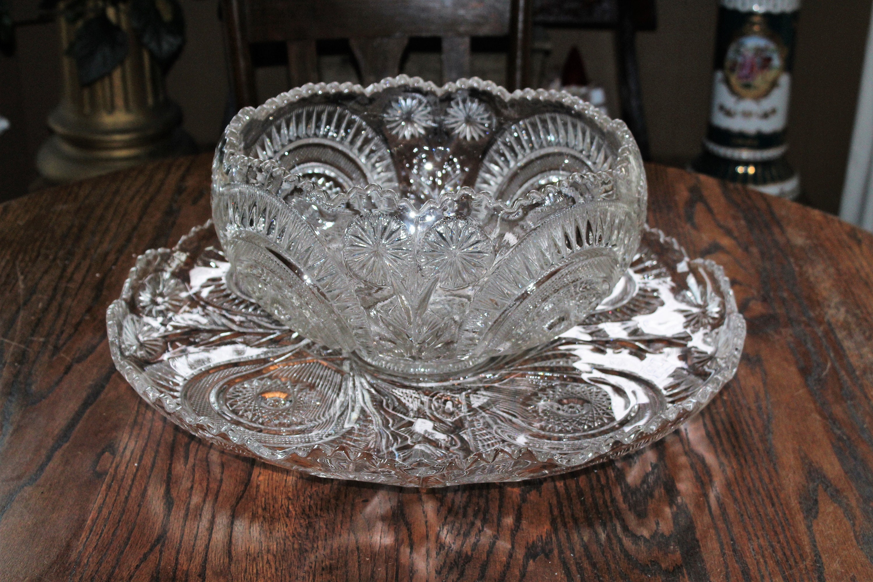 Huge EAPG Punch Bowl Slewed Horseshoe Radiant w/ Underplate Ladle & Cups