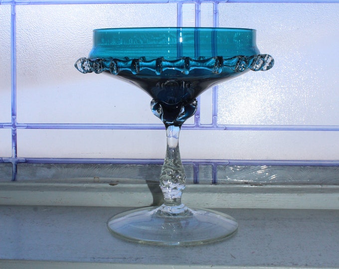 Vintage Murano Glass Compote Teal Blue