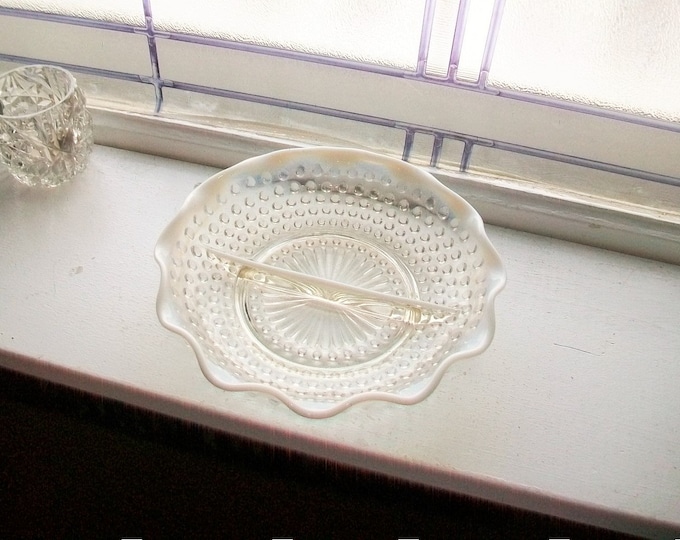 Vintage Moonstone Glass Divided Dish Opalescent Hobnail