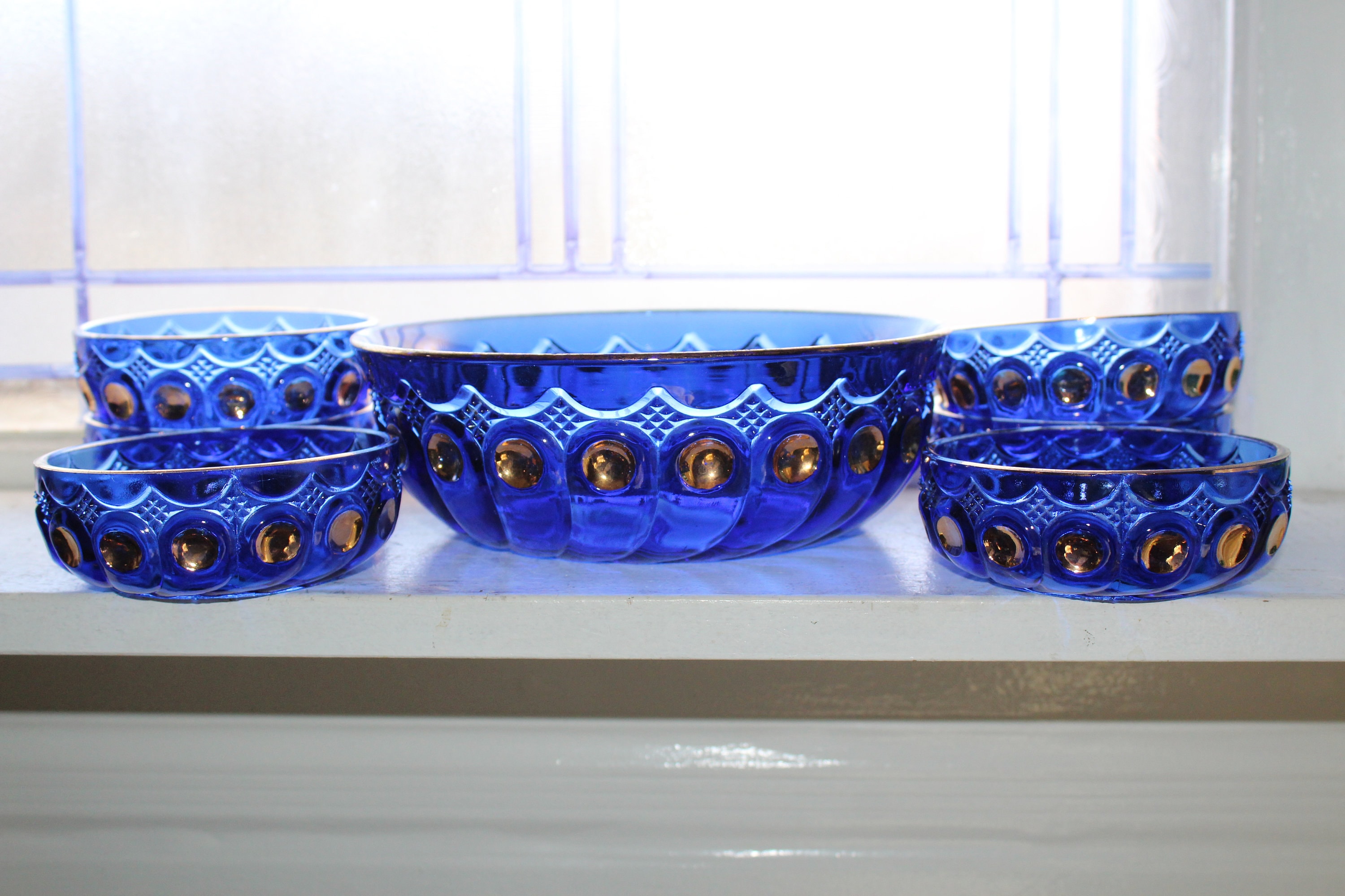 EAPG US Glass Kings 500 Berry Bowl Set Antique Cobalt Blue 7 Pc Set
