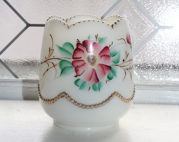 Gorgeous Antique EAPG Milk Glass Spooner Hand Painted Flowers
