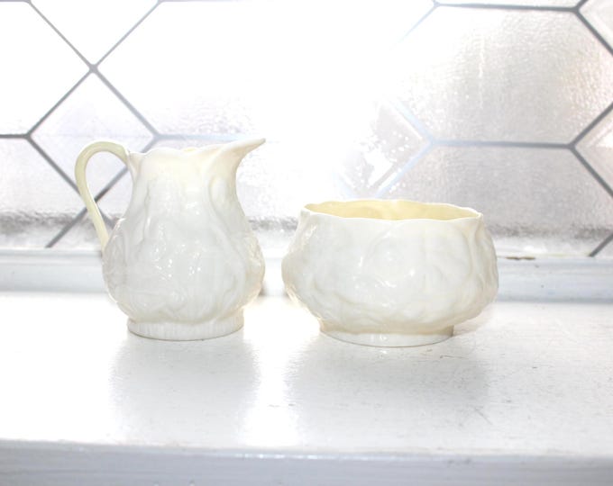 Vintage Belleek Lotus Creamer and Sugar Bowl 4th Green Mark