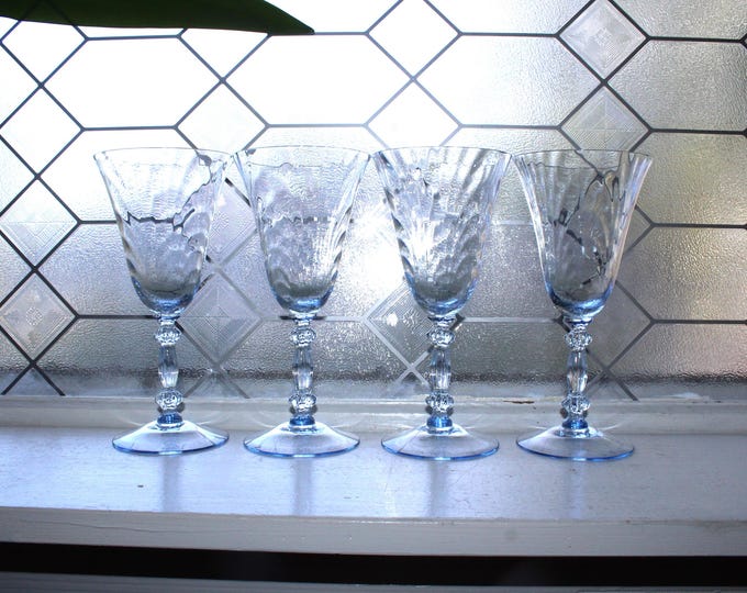 4 Vintage Cambridge Glass Moonlight Blue Caprice Goblets Wine or Water