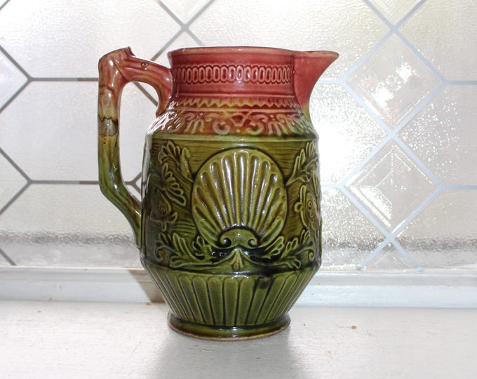 Antique Majolica Pitcher with Fish Scallop Shells Trident Late 1800s