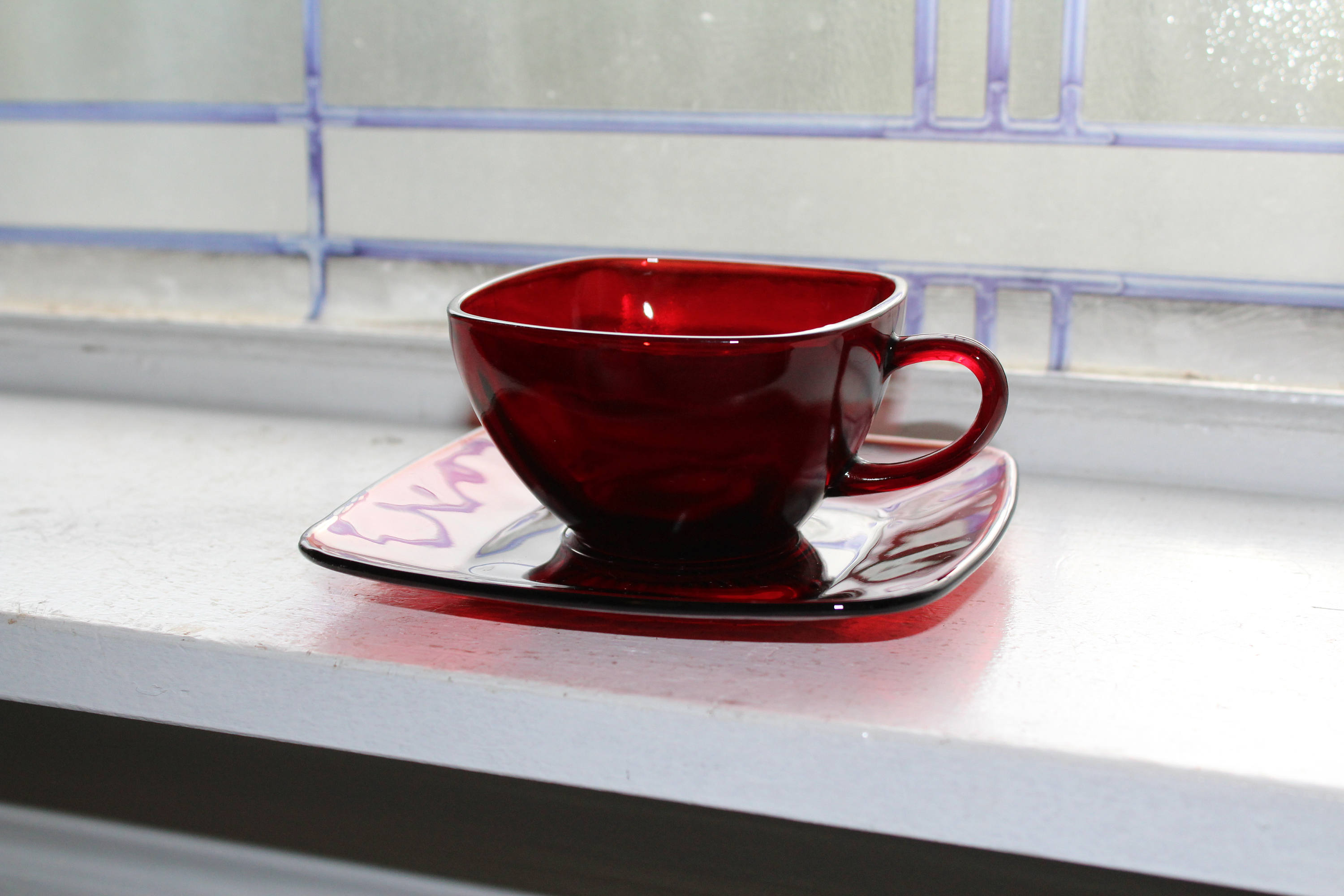 9 Royal Ruby Red Square Cup and Saucer Sets Vintage 1940s