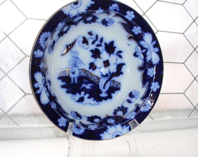 Antique Dark Flow Blue Serving Bowl 9" Royal Staffordshire Pekin Gold Trim