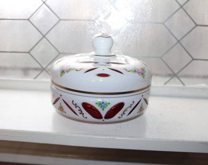Large Moser Bohemian Crystal Candy Dish White Cut To Red & Hand Painted 7"
