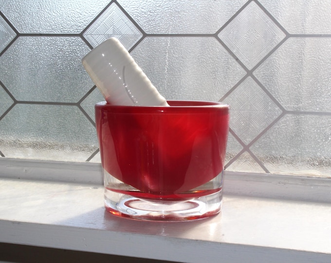 Vintage Red Art Glass Mortar and Pestle Made In Canada