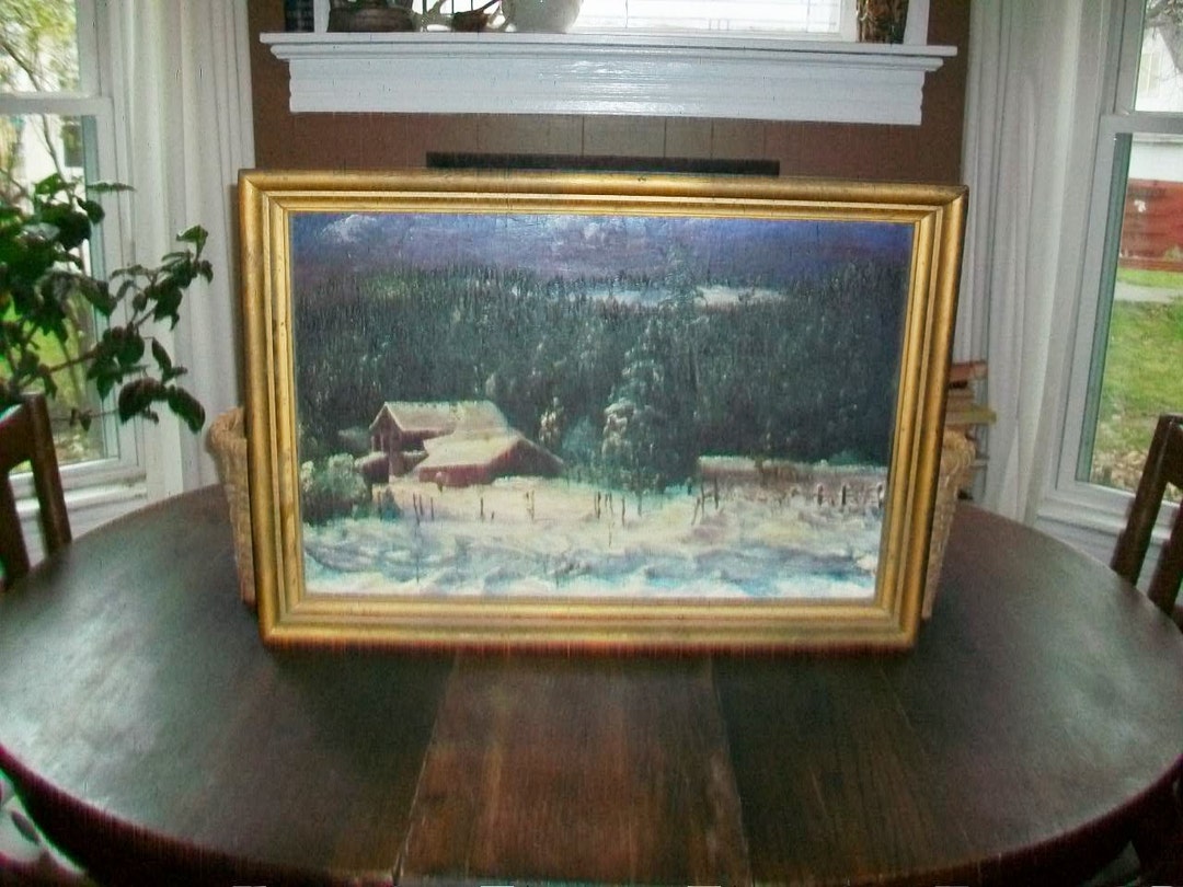 Vintage Folk Art Painting Winter Farm Scene Artist Signed LA Ross 1963 ...