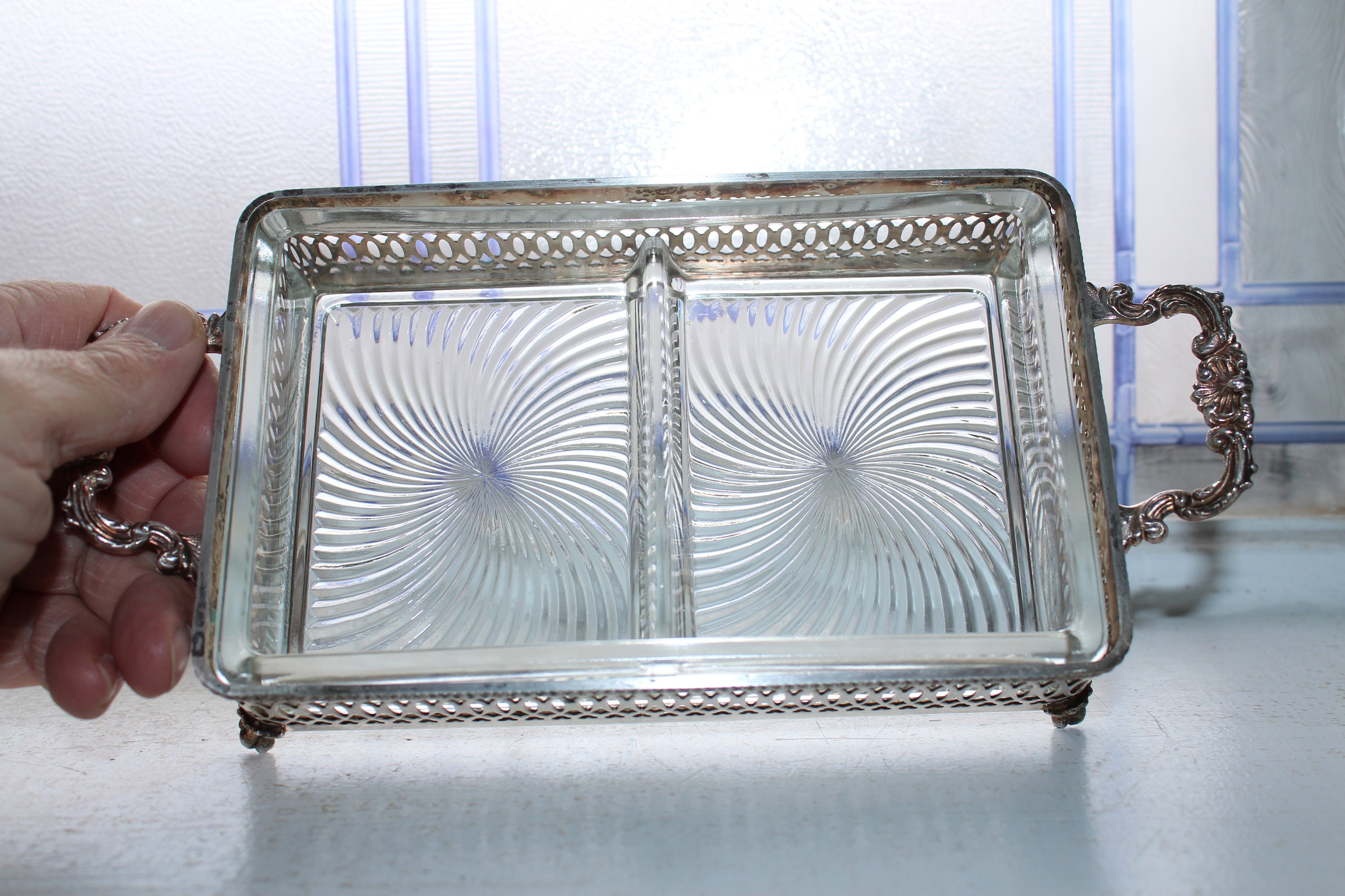 Vintage Relish Tray with Silverplate Stand Crescent Silver Mfg