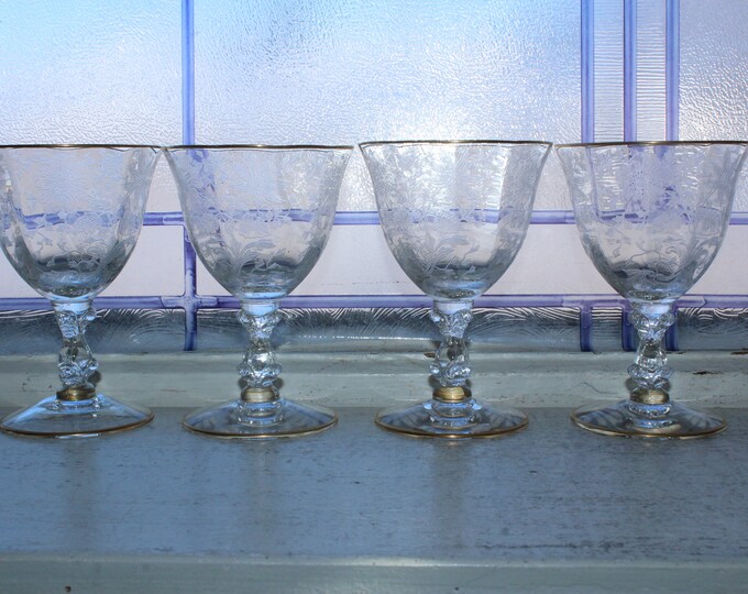 4 Cambridge Wildflower Oyster Fruit Cocktail Glasses with Gold Trim