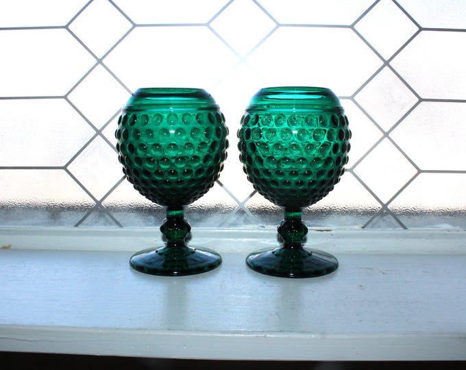 Vintage Imperial Green Glass Hobnail Ivy Balls Pair Vases