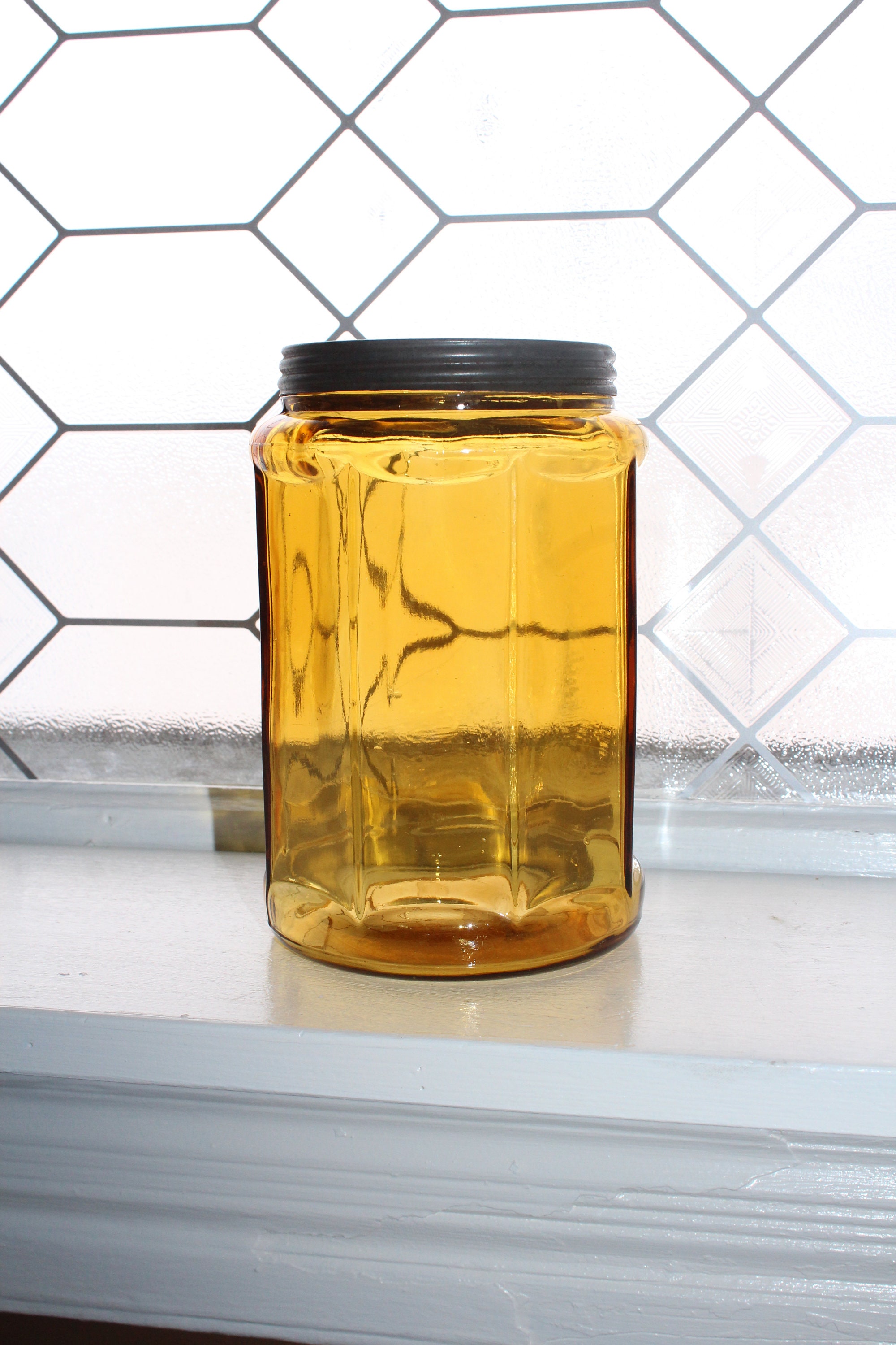 Antique Amber Glass Cigar Jar with Tin Lid Tobacco Humidor 1920s