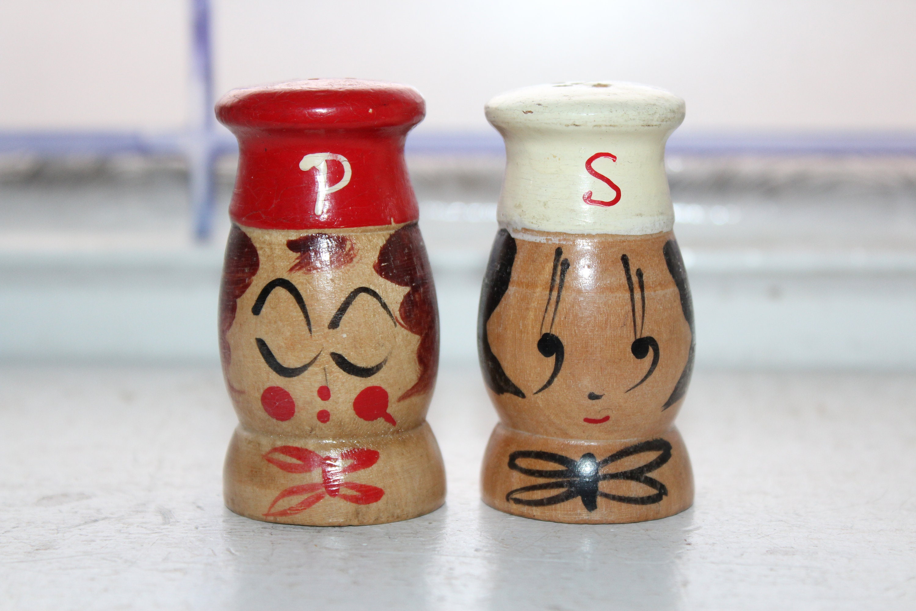 Vintage Salt and Pepper Shakers 1950s Wood Chefs