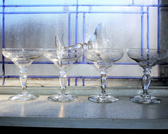 5 Vintage Etched Champagne Glasses with Bubble Stems