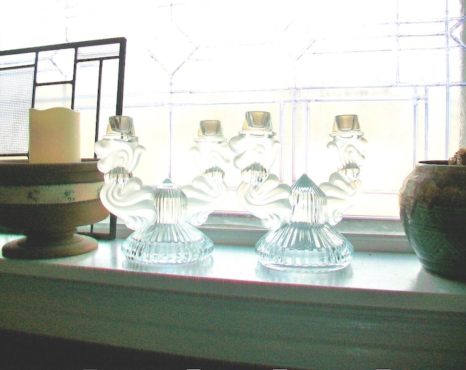 Art Deco Glass Candle Holder Pair with Satin Glass Arms